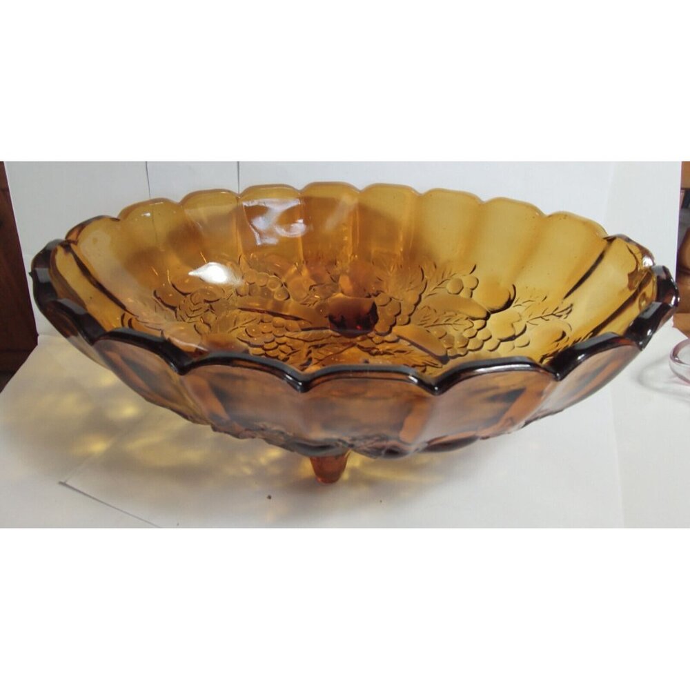 Indiana Glass Harvest Grape Amber Carnival Glass Footed Oval Fruit Bowl